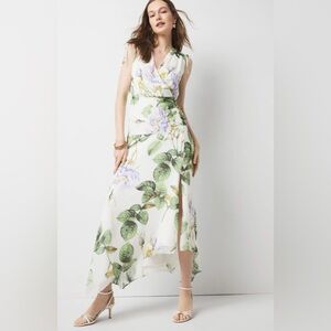 White House Black Market Ruched Midi Floral Dress in White and Green, NWT, sz 8